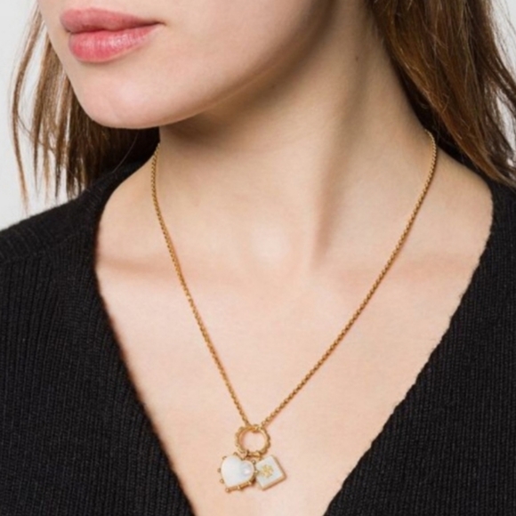 TORY BURCH Mother of Pearl Heart & Logo Pendant Necklace/Earrings - Picture 2 of 5
